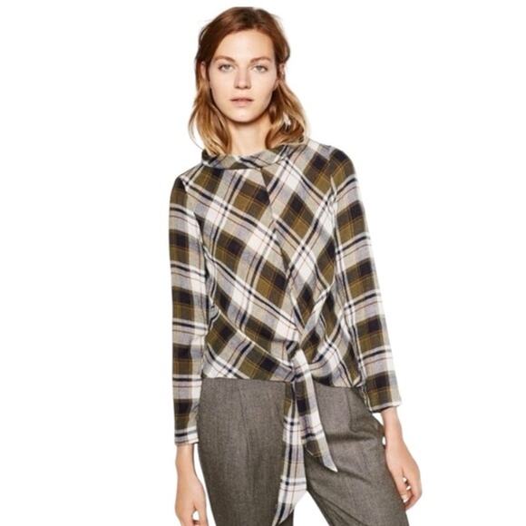 Zara Basic Green Plaid Mock Neck Tie Front Blouse Top SZ S - Picture 1 of 9
